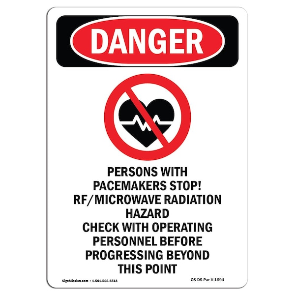 Safety Sign, OSHA Danger, 5" Height, Persons With Pacemakers, Portrait, 10PK